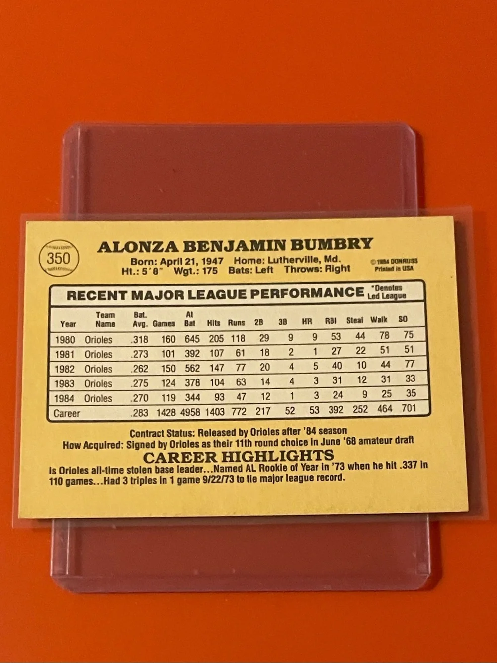 Al Bumbry #350 1985 Donruss Baseball Trading Card